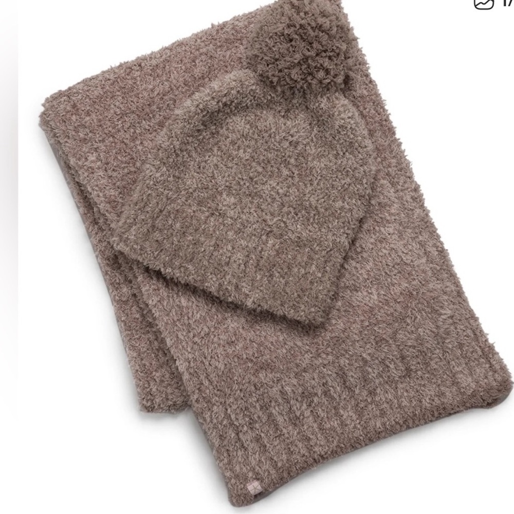 Barefoot Dreams CozyChic Pom Pom Beanie Scarf Set Chestnut Womens One Size New